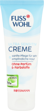 FUSSWOHL ULTRA SENSITIV CREME, biała tubka z błękitnym wieczkiem, widok z przodu, bez perfum i barwników.