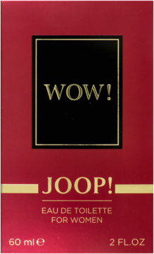 Bordowe pudełko Joop! WOW! Eau de Toilette for Women, 60ml, z czarnym kwadratem i złotymi napisami, widok frontalny.