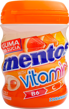 Mentos guma do żucia Citrus bez cukru, z witaminami C i B6, w pomarańczowym słoiku, widok z przodu.