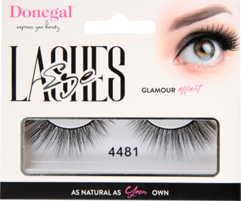 Białe opakowanie sztucznych rzęs Donegal Glamour Effect 4481. Widoczne czarne rzęsy na pasku przez okienko.