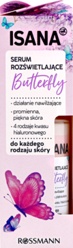 Isana Serum Rozświetlające Butterfly, różowe opakowanie z motylami, nawilżające dla każdego rodzaju skóry.