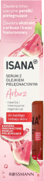 Różowe opakowanie serum ISANA Arbuz z olejkiem, zawiera ekstrakt z arbuza, widok z przodu z butelką.