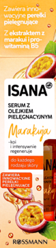 ISANA serum Marakuja z innowacyjnymi perełkami i prowitaminą B5, na tle owoców. Do każdego typu skóry.
