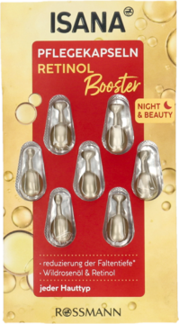 Czerwone opakowanie ISANA Retinol Booster kapsułek na noc, 7 sztuk, z retinolem i dziką różą.