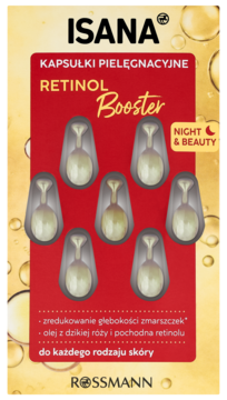ISANA Retinol Booster kapsułki pielęgnacyjne na noc w czerwonym opakowaniu z 7 perłowymi kapsułkami.