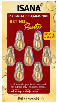 Blister ISANA Retinol Booster na noc, 7 złotych kapsułek, na czerwonym tle z kropelkami oleju.