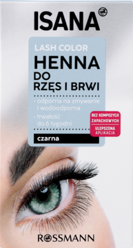 Białe opakowanie henny ISANA Lash Color Czarna do rzęs i brwi. Z przodu widać oko z długimi rzęsami.