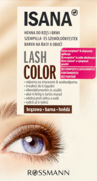 Front opakowania henny ISANA Lash Color brązowa do rzęs i brwi, z grafiką oka i logiem Rossmann.