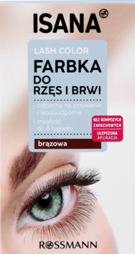 ISANA Lash Color brązowa farbka do rzęs i brwi, opakowanie z okiem, przód, wodoodporna, 6 tyg.