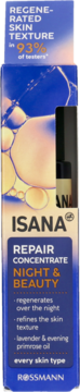 Isana Repair Concentrate Night & Beauty, niebieskie pudełko z napisem 93% regeneracji skóry, widok frontowy.