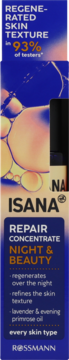 Isana Repair Concentrate Night & Beauty, serum nocne w niebieskiej butelce z bąbelkami, widok z przodu. Regeneruje skórę.