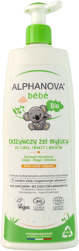 ALPHANOVA b&#233;b&#233; OdŴywczy żżgel myjący do ciała, twarzy i włos&#00243;w, bezzapachowy, dla sk&#00243;ry suchej. Widok z przodu.