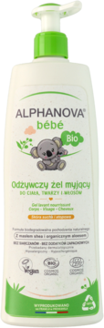 ALPHANOVA bébé OdŴywczy żżgel myjący do ciała, twarzy i włosów, bezzapachowy, dla skóry suchej. Widok z przodu.