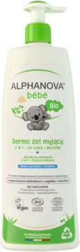 Alphanova Bébé Dermo żel myjący 2w1 dla niemowląt, biała butelka z zieloną pompką, koala, widok z przodu.