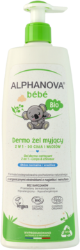 Alphanova Bébé Dermo żel myjący 2w1 dla niemowląt, biała butelka z zieloną pompką, koala, widok z przodu.