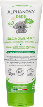 Alphanova bébé organiczny balsam oliwny 4w1 w białej tubie, z koalą, do pielęgnacji niemowląt, widok z przodu.