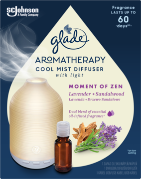 Zestaw Glade Aromatherapy Cool Mist Diffuser Moment of Zen z olejkiem lawendowo-sandałowym, widok z przodu.