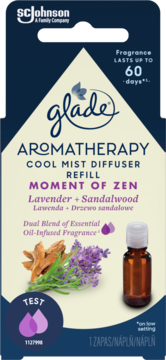 Glade Aromatherapy Cool Mist Refill, Moment of Zen Lavender + Sandalwood, blue-beige box, front view.