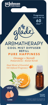 Glade Aromatherapy Pure Happiness Cool Mist Diffuser Refill, orange + neroli scent, 60 days. Front view.