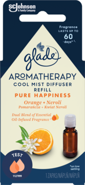 Glade Aromatherapy Pure Happiness Cool Mist Diffuser Refill, orange + neroli scent, 60 days. Front view.