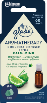 Glade Aromatherapy Calm Mind Bergamot + Lemongrass refill w niebiesko-kremowym opakowaniu, z owocem, widok z przodu.