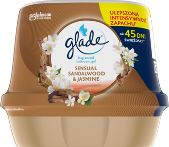 Glade Sensual Sandalwood & Jasmine zapachowy żel do łazienki, brązowy pojemnik z kwiatami i drewnem, widok z przodu.