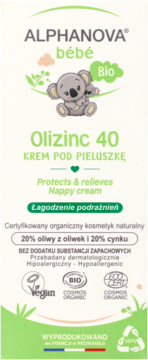 Front białego opakowania kremu pod pieluszkę ALPHANOVA bébé Olizinc 40 z koalą, organiczny, 20% oliwy i cynku.