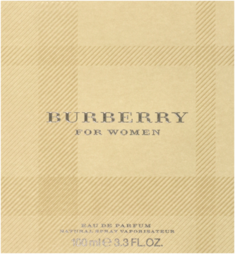 Front beżowego opakowania perfum Burberry For Women z delikatną kratą. Widoczne napisy i pojemność 100 ml.