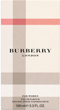 Burberry London woda perfumowana dla kobiet 100ml, pudełko w beżową kratę z czerwonym paskiem, widok z przodu.