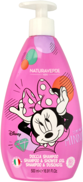 Różowy szampon i żel 2w1 Naturapverde z Disney Minnie Mouse na butelce, z białą pompką, widok z przodu.