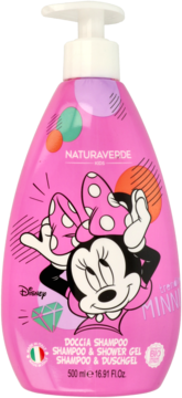 Różowy szampon i żel 2w1 Naturapverde z Disney Minnie Mouse na butelce, z białą pompką, widok z przodu.