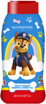 Naturaverde Kids Psi Patrol szampon i żel pod prysznic. Niebieska butelka z psem Chase'em na tle tęczy.
