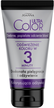Srebrna tuba Joanna Ultra Color, koloryzująca odżywka do blond włosów, odświeża odcień w 3 minuty.