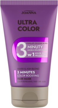 Fioletowa maska Joanna Ultra Color 3 Minutes do włosów blond, silver & ash, odświeża kolor, widok z przodu.