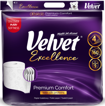 Frontowe opakowanie 9 rolek papieru toaletowego Velvet Excellence Premium Comfort, 4-warstwowy, z proteinami jedwabiu.