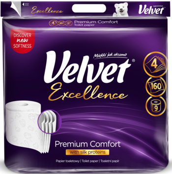 Frontowe opakowanie 9 rolek papieru toaletowego Velvet Excellence Premium Comfort, 4-warstwowy, z proteinami jedwabiu.