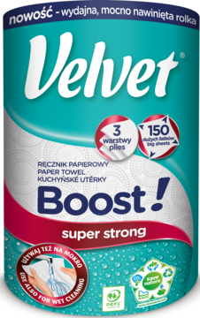 Frontalny widok turkusowej rolki ręcznika Velvet Boost! super mocny, 3-warstwowy, 150 dużych listków.