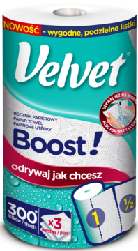 Velvet Boost! papierowy ręcznik GIGA rolka, 300 podzielnych listków, 3 warstwy, chłonny, do sucha i mokro.