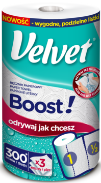 Velvet Boost! papierowy ręcznik GIGA rolka, 300 podzielnych listków, 3 warstwy, chłonny, do sucha i mokro.