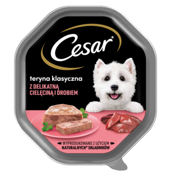 Czarne opakowanie karmy mokrej Cesar z cielęciną i drobiem dla psów, widok z góry. Na etykiecie pies i terrina.