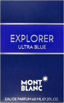 Front view of Mont Blanc Explorer Ultra Blue Eau de Parfum 60 ML box, dark blue with white text and gold trim.