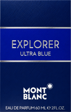 Granatowe pudełko Mont Blanc Explorer Ultra Blue Eau de Parfum 60ml, z widocznym srebrnym logo i nazwą.