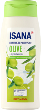 Biała butelka kremowego żelu Isana Olive z zieloną nakrętką, oliwki i mleczne krople na etykiecie.