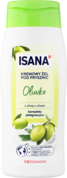 Kremowy żel pod prysznic ISANA Oliwka, biała butelka z zieloną nakrętką i etykietą z grafiką oliwek, widok z przodu.