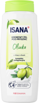 Biała butelka ISANA Kremowy Żel pod Prysznic Oliwka z zieloną nakrętką, z przodu wizerunek oliwek i kremu.