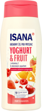 Isana Yoghurt & Fruit kremowy żel pod prysznic, biała butelka z różową nakrętką i owocami na etykiecie, widok z przodu.