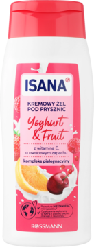 ISANA Yoghurt & Fruit kremowy żel pod prysznic, biała butelka z różową etykietą i grafiką owoców w jogurcie, widok z przodu.