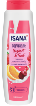 Biała butelka Isana Yoghurt & Fruit kremowy żel pod prysznic z witaminą E. Różowa etykieta z owocami i mlekiem.