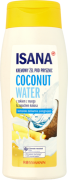 Biały żel pod prysznic Isana Coconut Water z żółtą nakrętką, grafiki mango i kokosa. Bez mikroplastiku, z recyklingu.
