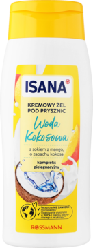 Isana Kremowy żel pod prysznic Woda Kokosowa z mango. Biała butelka z żółtą nakrętką, widok z przodu.